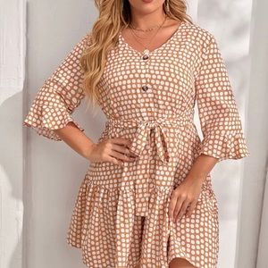 Plus Polka Dot Flounce Sleeve Button Dress